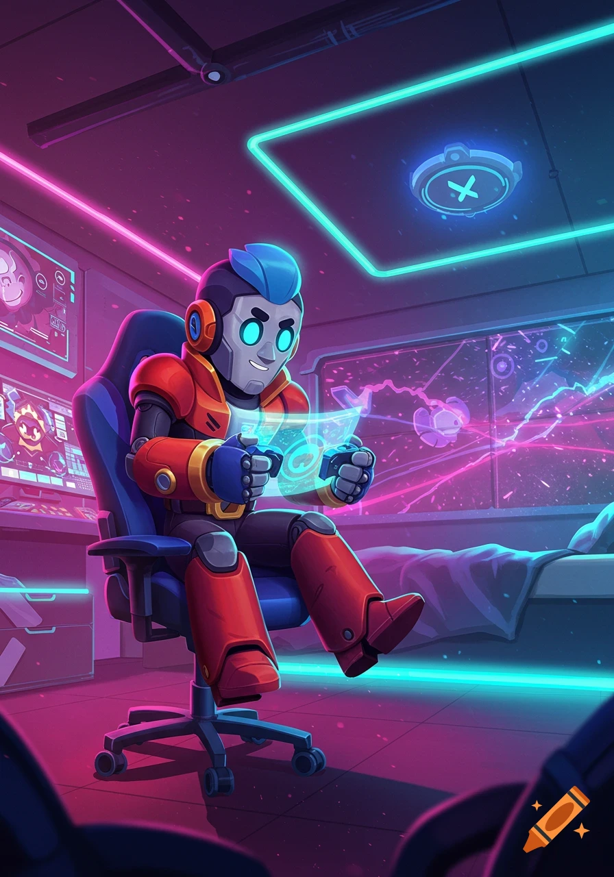 A blue-haired robot character in red armor sits on a gaming chair, holding a glowing holographic screen in a neon-lit futuristic room.