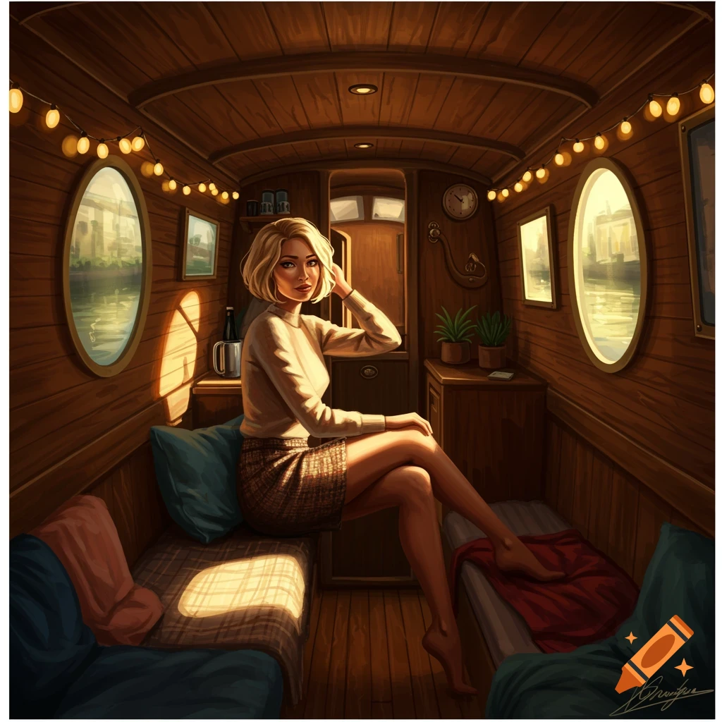 A woman with a short blonde bob sits inside a cozy narrowboat with wooden walls and string lights.