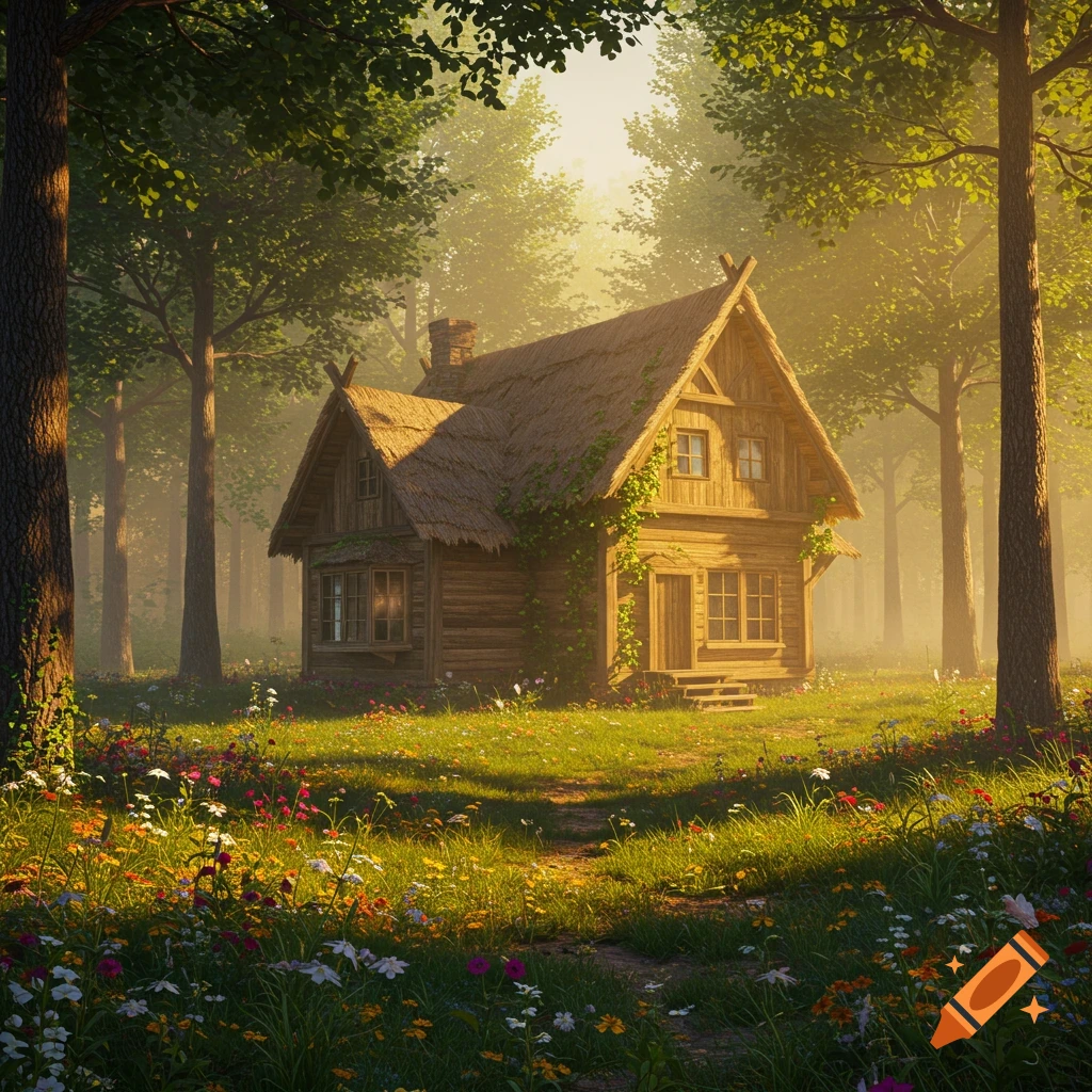 A rustic wooden cabin with a thatched roof in a sunlit forest clearing filled with wildflowers. Photorealistic.