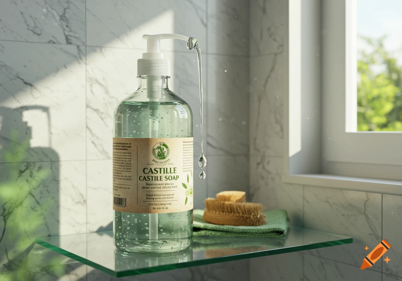 A photorealistic image of a clear bottle of liquid castile soap with a white pump, dispensing soap. It sits on a glass shelf in a sunlit bathroom with marble tiles, next to green towels and brushes.
