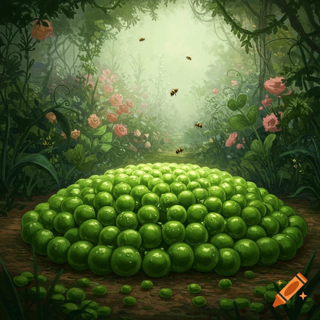 A vibrant illustration of a large mound of bright green, dew-covered spheres resembling peas, in a misty forest with pink roses and bees.