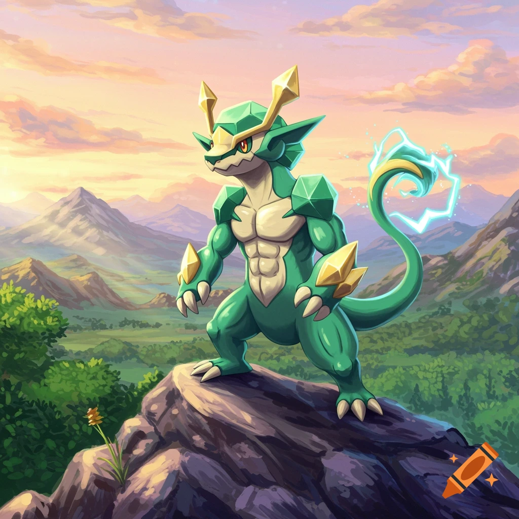 A muscular, green, crystal-studded creature stands on a rocky peak overlooking a lush mountain landscape at sunset.