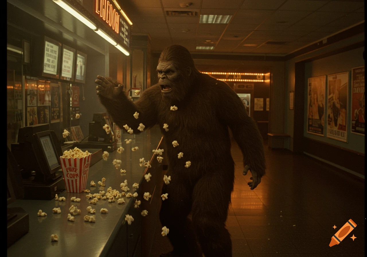 A large, hairy Bigfoot stands agitated at a movie theater counter, with popcorn scattered everywhere and flying through the air, in a photorealistic style.
