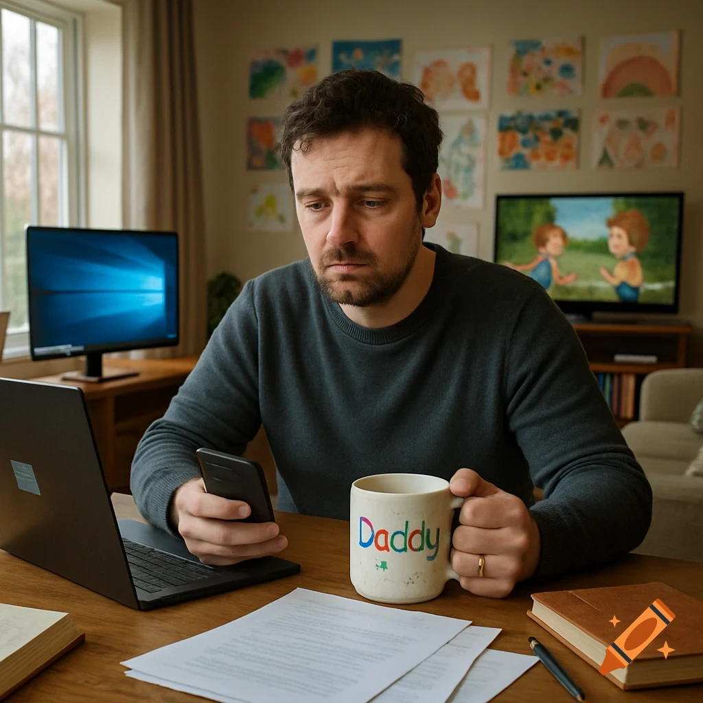 A man in a grey sweater sits at a wooden table, looking at his phone while holding a mug that says 'Daddy'. A laptop and documents are on the table, with a computer monitor and TV in the background.