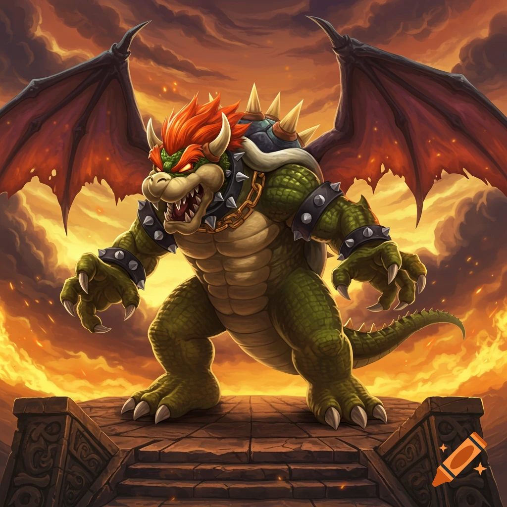 A powerful, winged Bowser-like monster with scales and spikes stands menacingly on a stone platform against a fiery orange and red stormy sky.