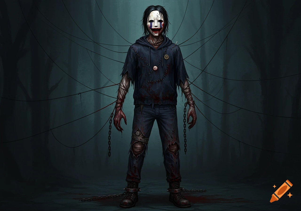 A stylized horror character resembling a stitched-up puppet with a cracked white mask, long dark hair, torn clothing, bloody hands, and chains in a dark, misty environment.