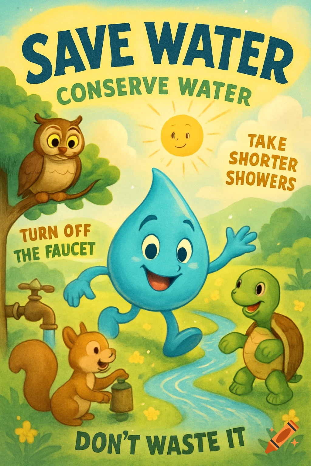 Cartoon poster encouraging water conservation with a water droplet mascot, owl, squirrel, and turtle, featuring educational text.