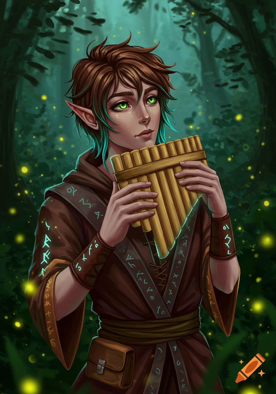 An elf-like character with brown and teal hair and green eyes holds a panflute in a magical forest with glowing lights. Digital painting.