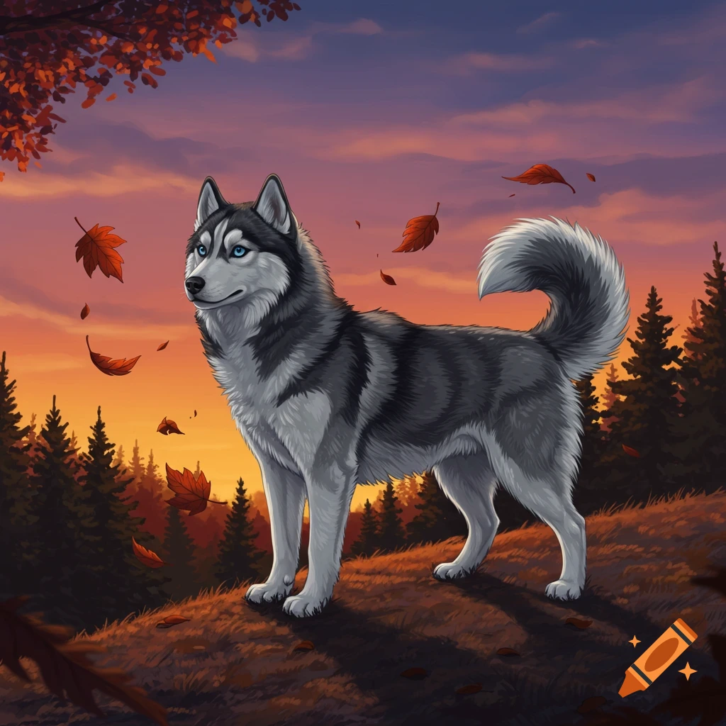 A husky with blue eyes stands on a hill during a colorful sunset with falling autumn leaves, digital art.
