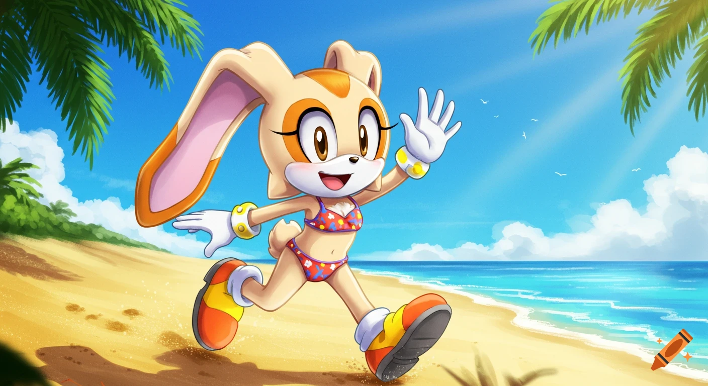 Cream the Rabbit, a cartoon character, runs happily on a sunny beach, waving. Blue sky and ocean in the background.