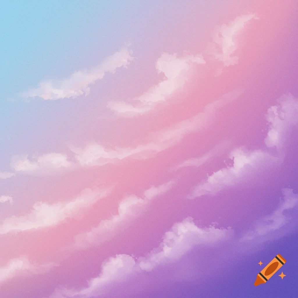 A watercolor gradient sky with soft clouds, transitioning from light blue to pink and purple.