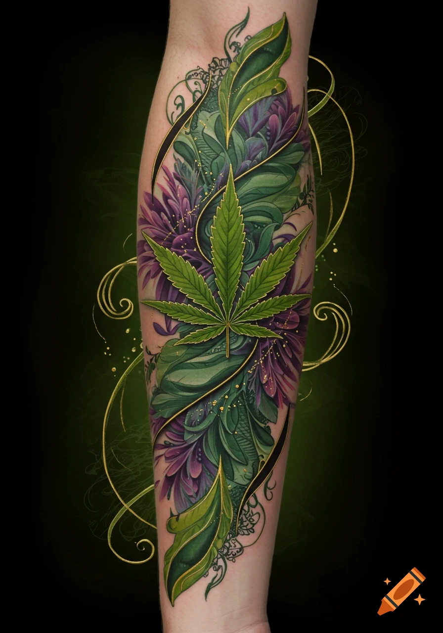 A vibrant tattoo on an arm, featuring a detailed green cannabis leaf  surrounded by purple flowers, green leaves, and golden swirls. on Craiyon, image size:896x1280