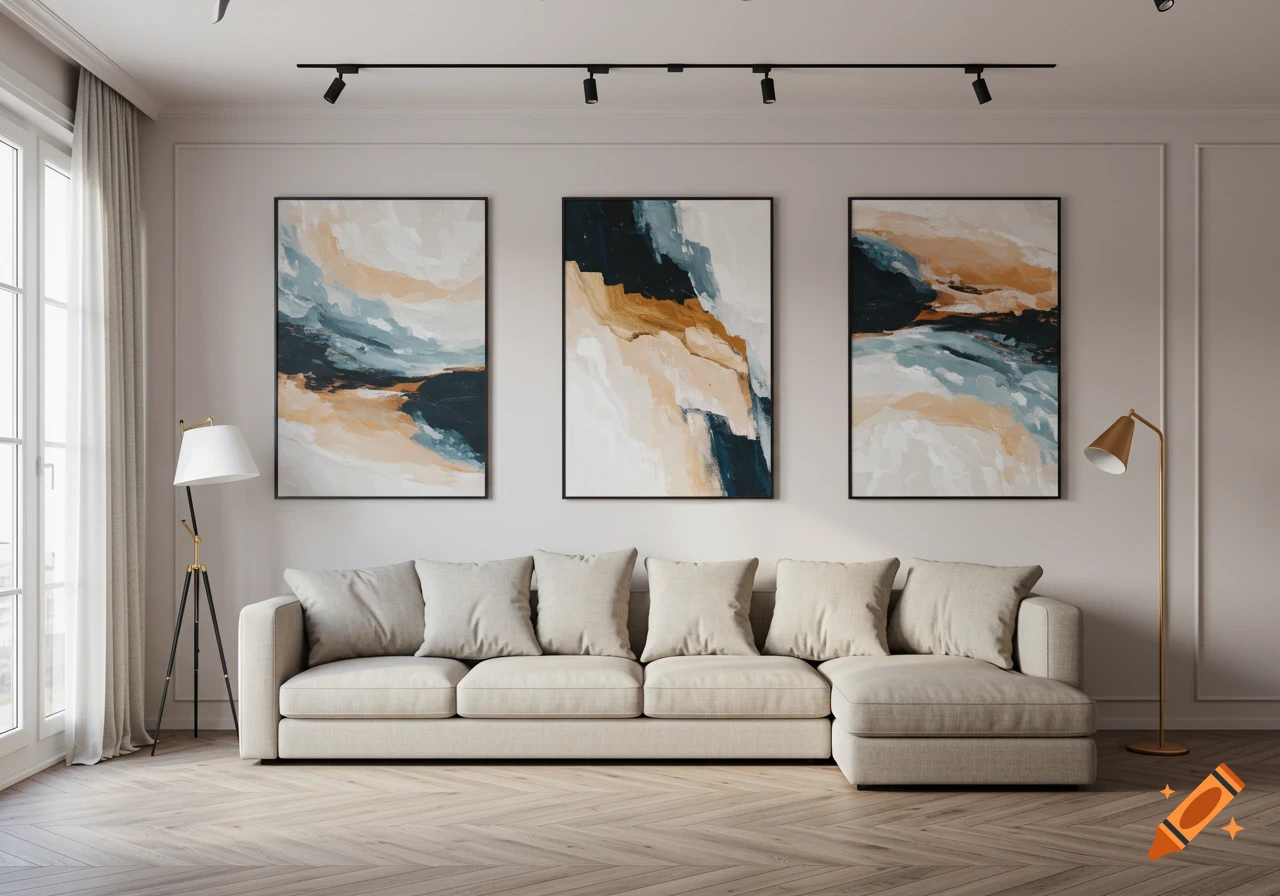 A modern living room with a cream sectional sofa, two stylish floor lamps, and three large abstract paintings on the wall.
