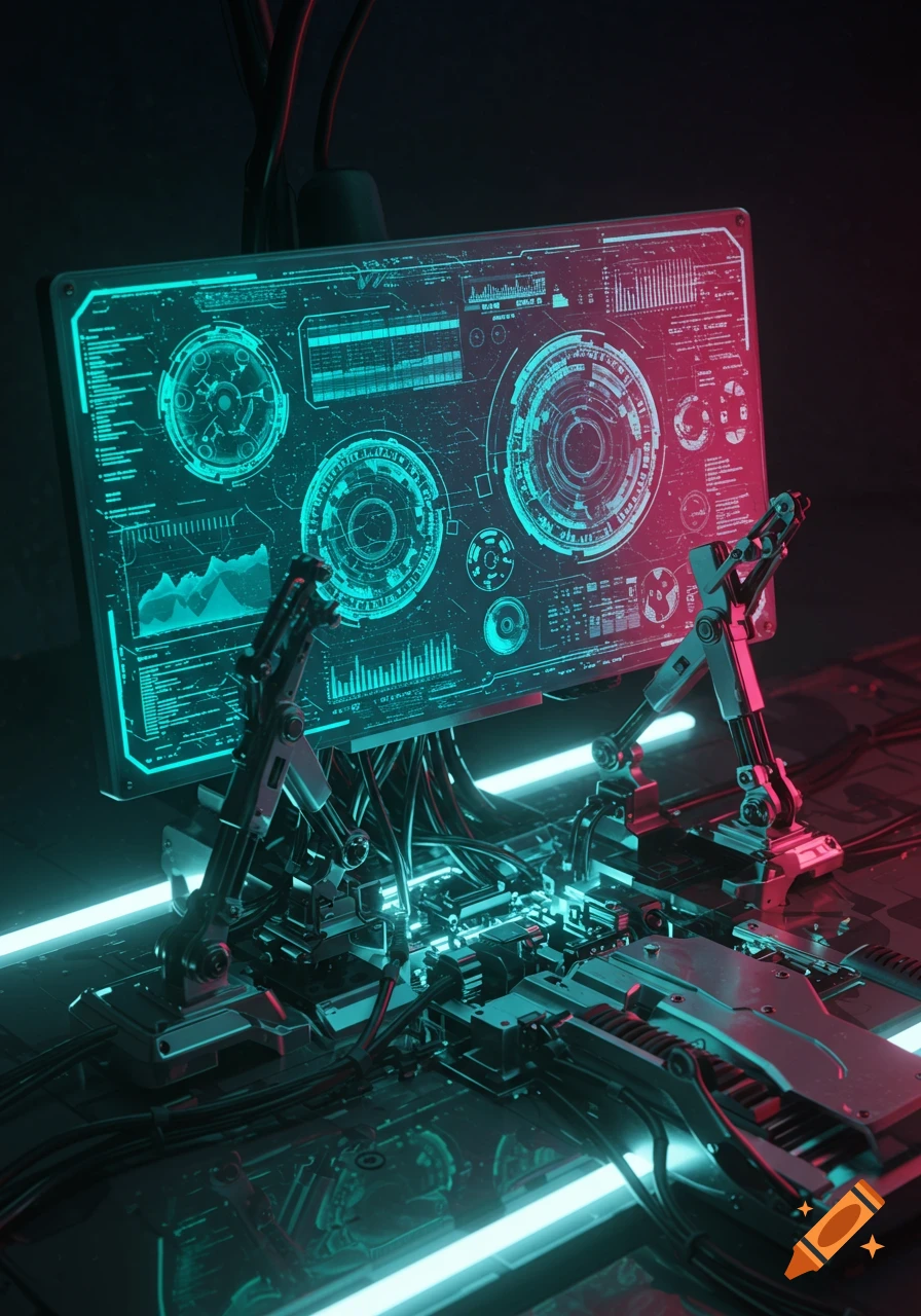A futuristic computer setup with a glowing teal and magenta screen displaying data, flanked by robotic arms, in a dark, high-tech lab.