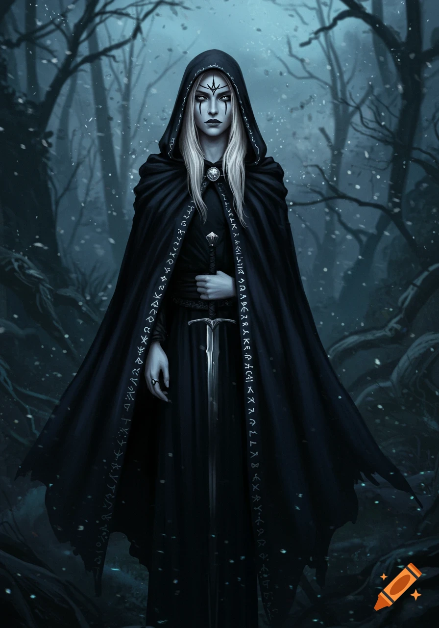 A pale woman in a black hooded cloak with white facial markings and runes on her cloak stands in a dark, snowy forest, holding a sword.