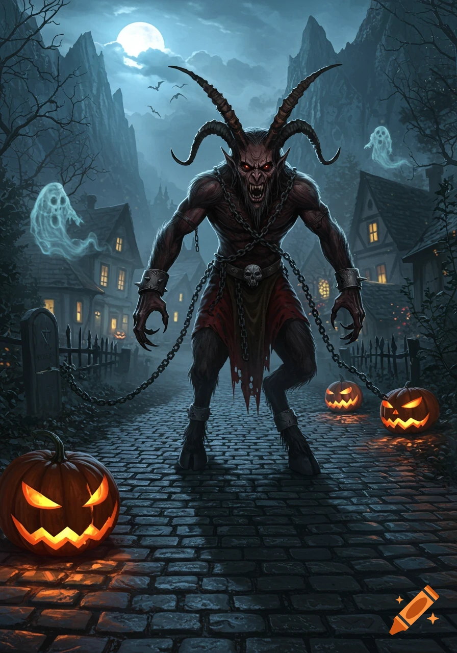 A horned, chained Krampus-like creature stands on a cobblestone path in a spooky village with glowing jack-o'-lanterns and ghosts under a full moon.