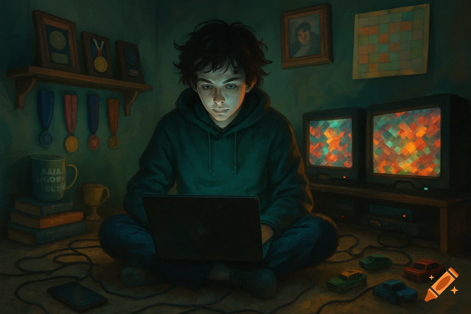 A teenager sits on the floor of a messy, dimly lit bedroom, illuminated by a laptop screen, surrounded by old TVs, toy cars, and medals.