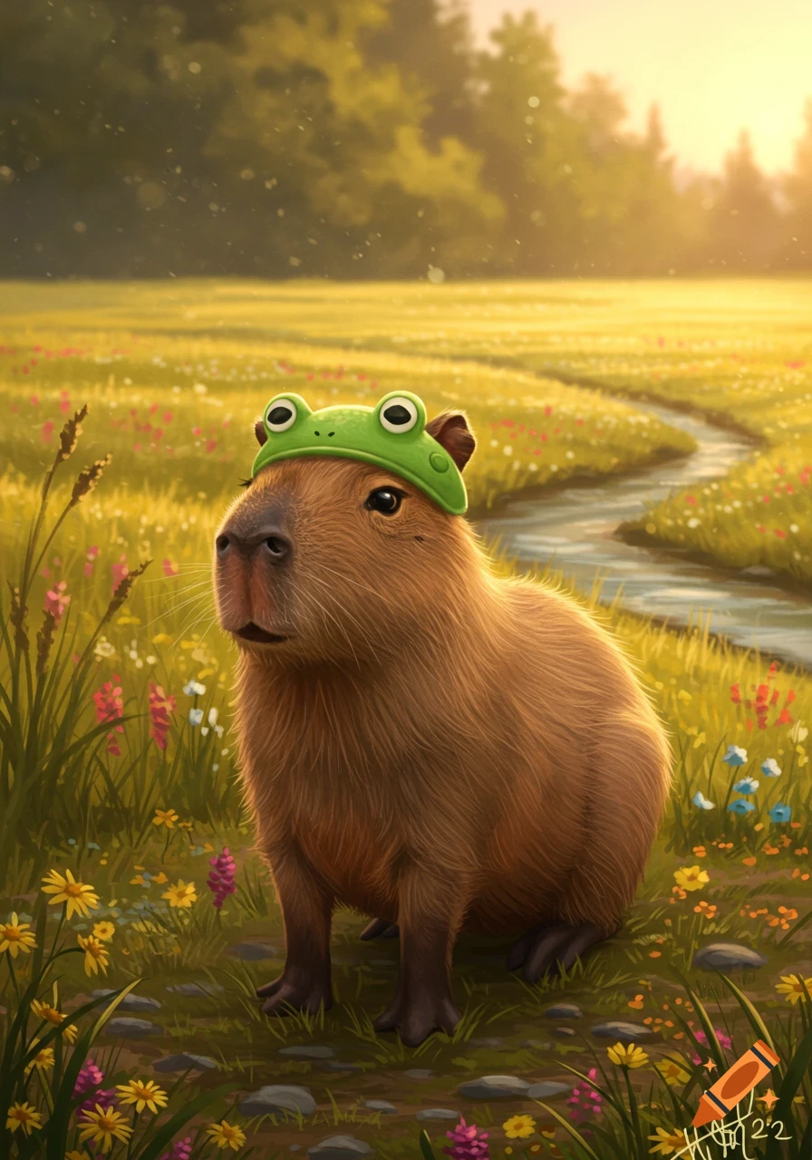 A cute capybara wearing a green frog hat sits in a vibrant, sunlit meadow with a stream.