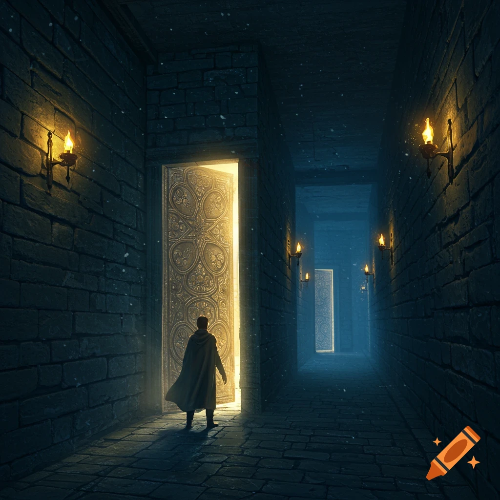 A person in a cloak stands before a brightly lit, ornate door in a dark, stone hallway with torchlit walls, looking into the light.