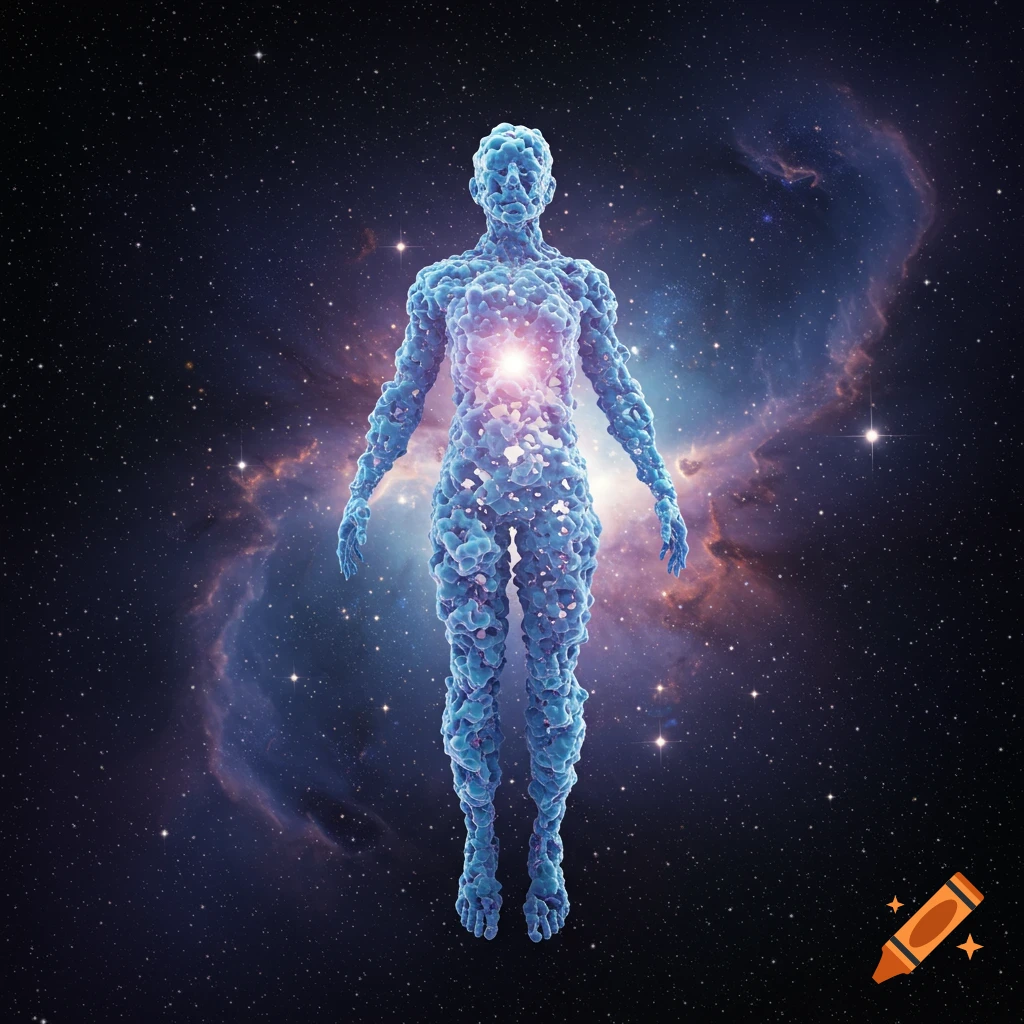 A human-shaped figure made of blue molecular clusters glows with pink light in deep space with a nebula and stars.