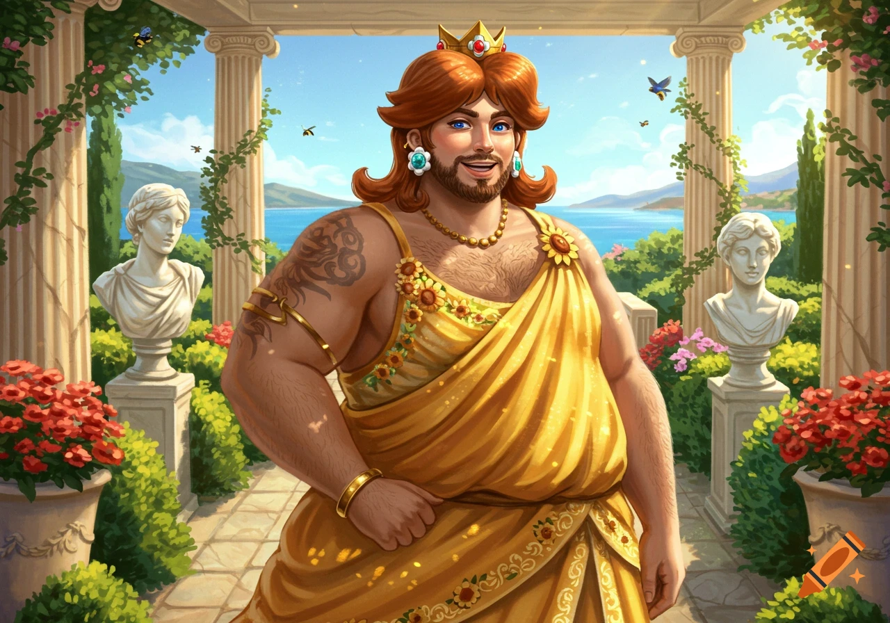 A bearded man in a yellow Princess Daisy costume, with a crown and sunflowers, stands in a Greek garden overlooking the sea.