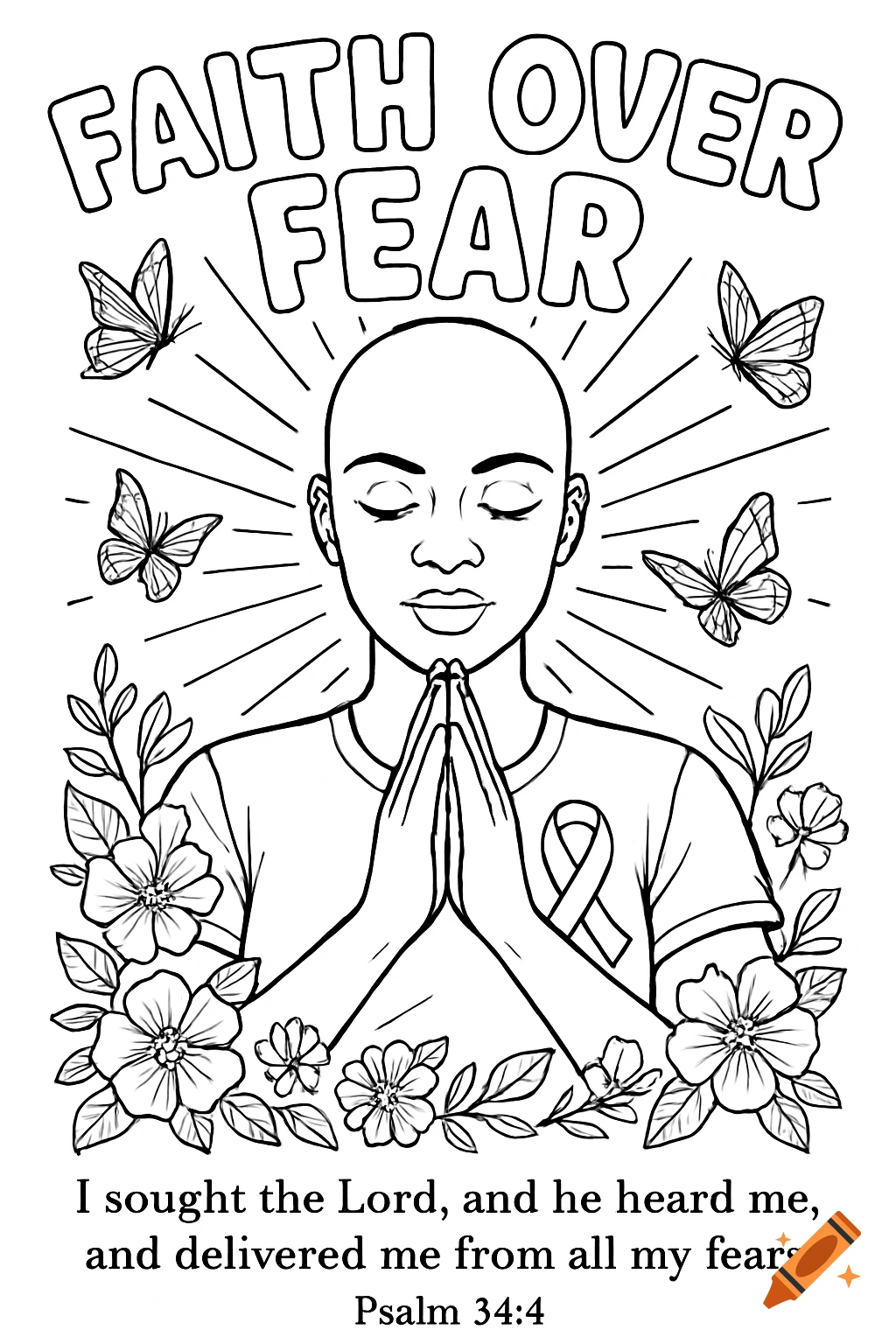 Black-and-white line art of a bald woman with closed eyes and hands in prayer, wearing a breast cancer ribbon, surrounded by butterflies and flowers. Text reads "FAITH OVER FEAR" and "I sought the Lord, and he heard me, and delivered me from all my fears. Psalm 34:4."