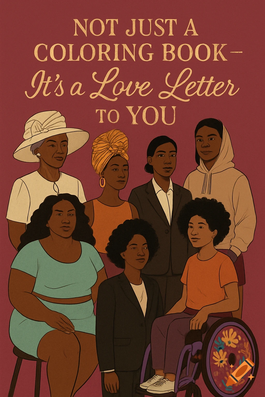Illustration of seven diverse Black women in various outfits against a maroon background with a gold text book title.