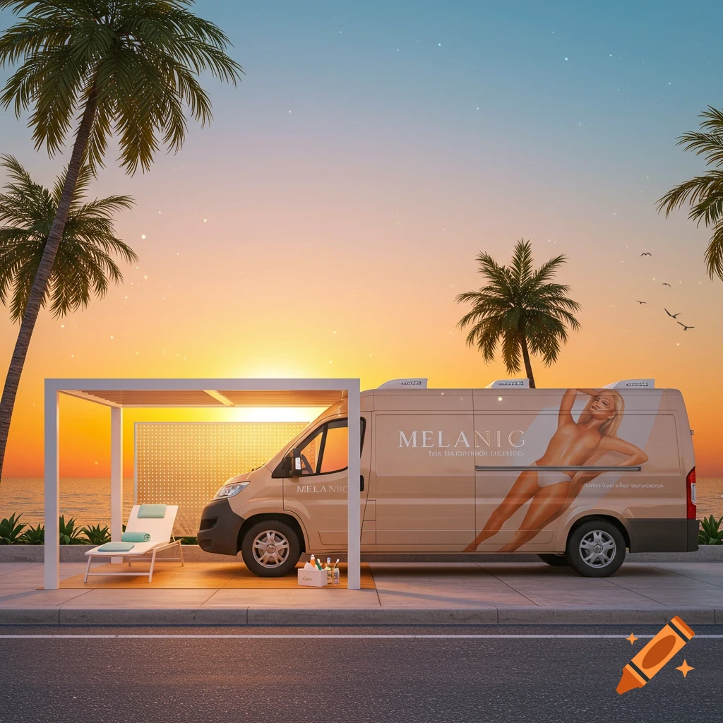 A cream-colored van for 'MELANIG The Luxurious Tan' with a woman in a bikini on its side, parked by a beach pergola at sunset.