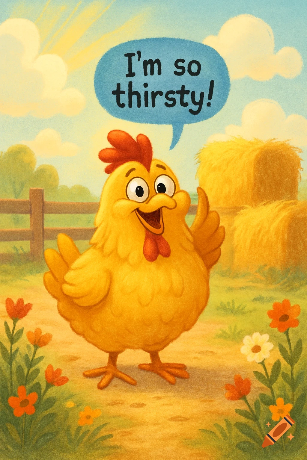 A cartoon chicken stands on a farm path, with a speech bubble saying 'I'm so thirsty!'. Hay bales and flowers are in the background.