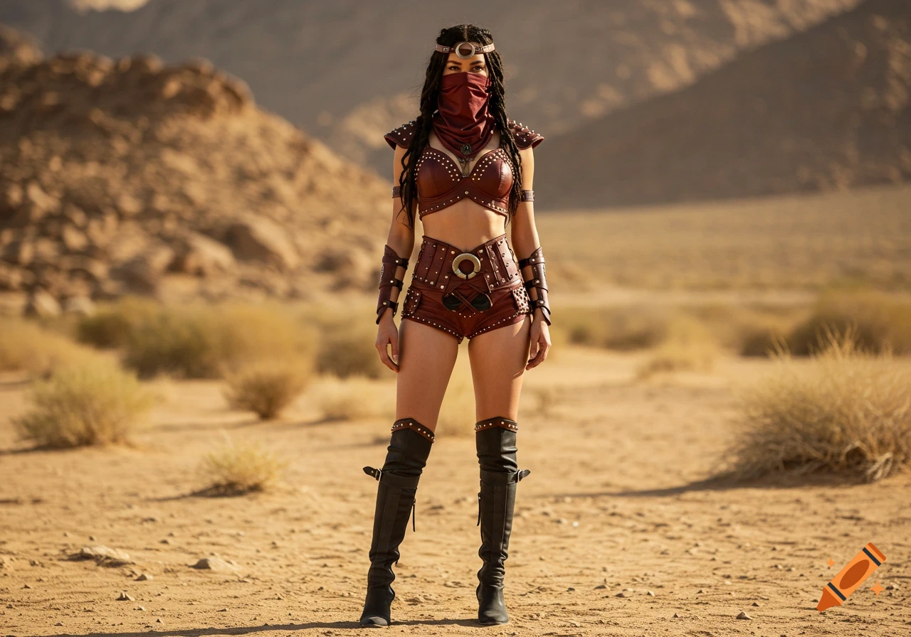 A woman wearing a red leather warrior outfit, black boots, and a face covering stands confidently in a desert.