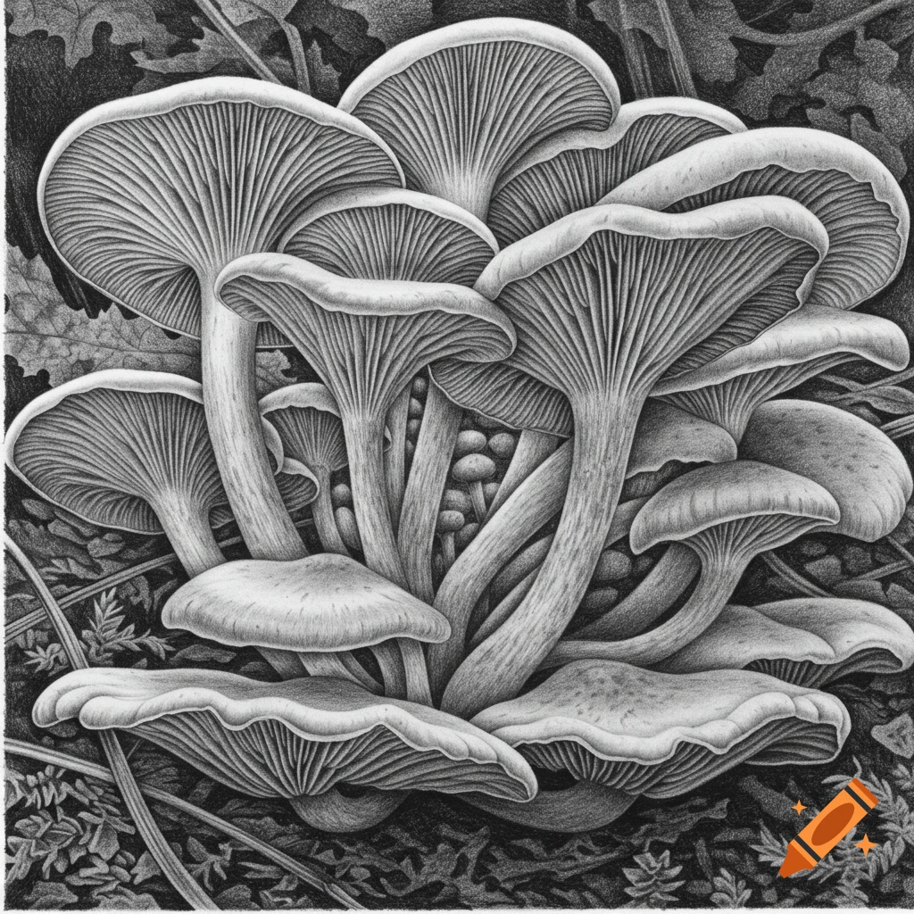 Detailed black and white pencil drawing of a cluster of wavy cap mushrooms with visible gills, on a textured forest floor.