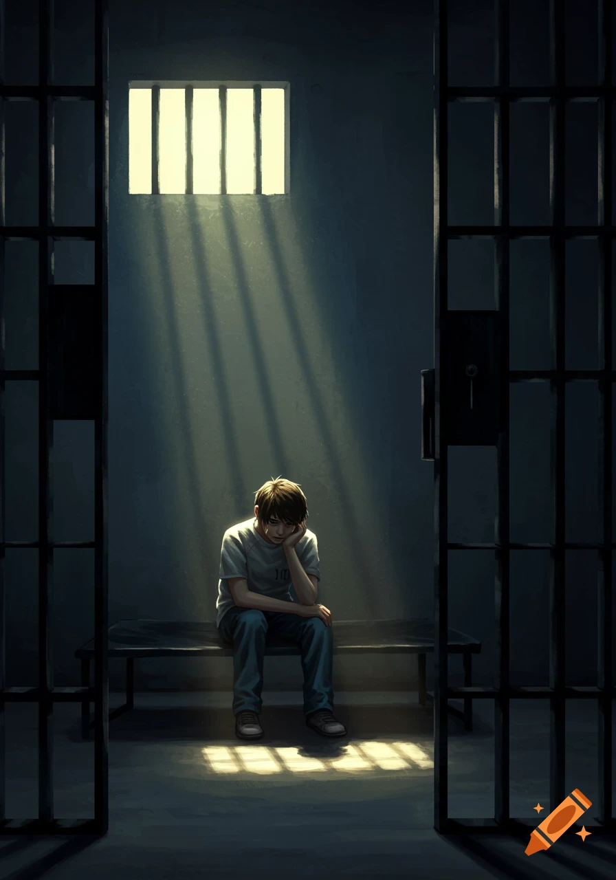 A lonely teenager sits dejectedly on a bench in a dimly lit prison cell, light streaming through a barred window.