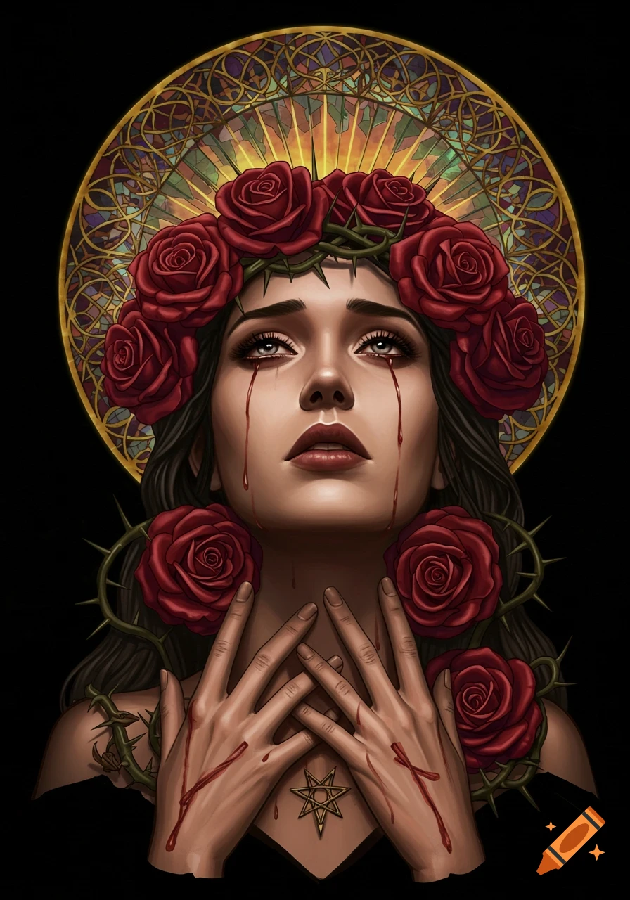 An artistic depiction of a woman with tears of blood and bloodied hands, wearing a crown of red roses and thorns, against a stained glass halo.