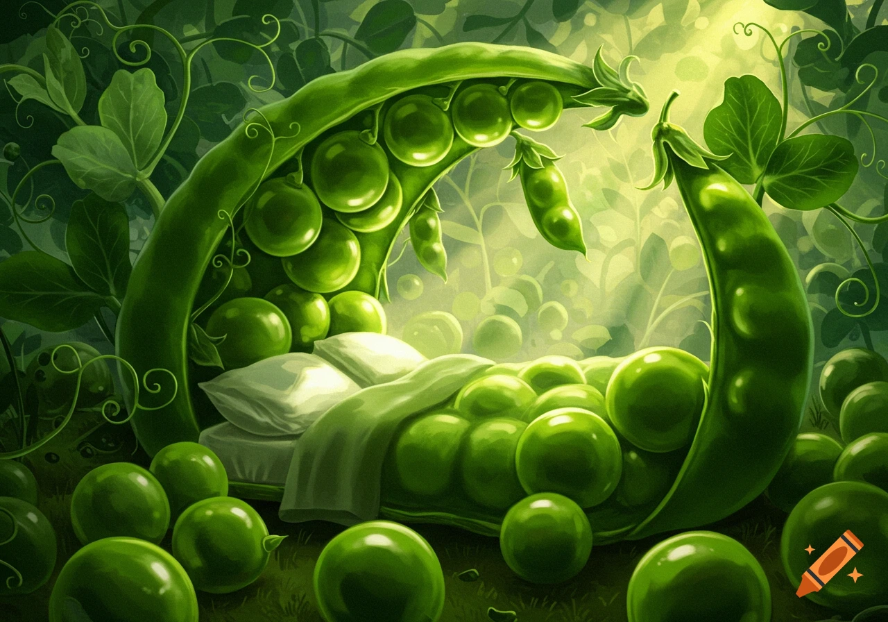 A whimsical image of a cozy bed with pillows and blankets nestled inside a large, open pea pod, surrounded by many plump green peas. Lush green vines and leaves frame the scene, with bright light shining through the background foliage.