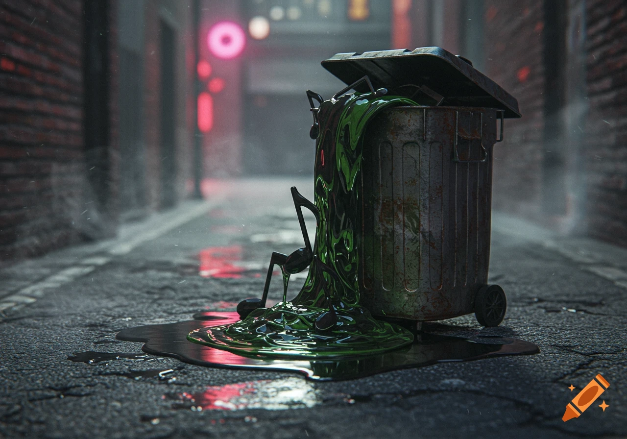 A rusty trash can in a dark, rainy urban alley, with green and black ooze and music notes dripping into a puddle.