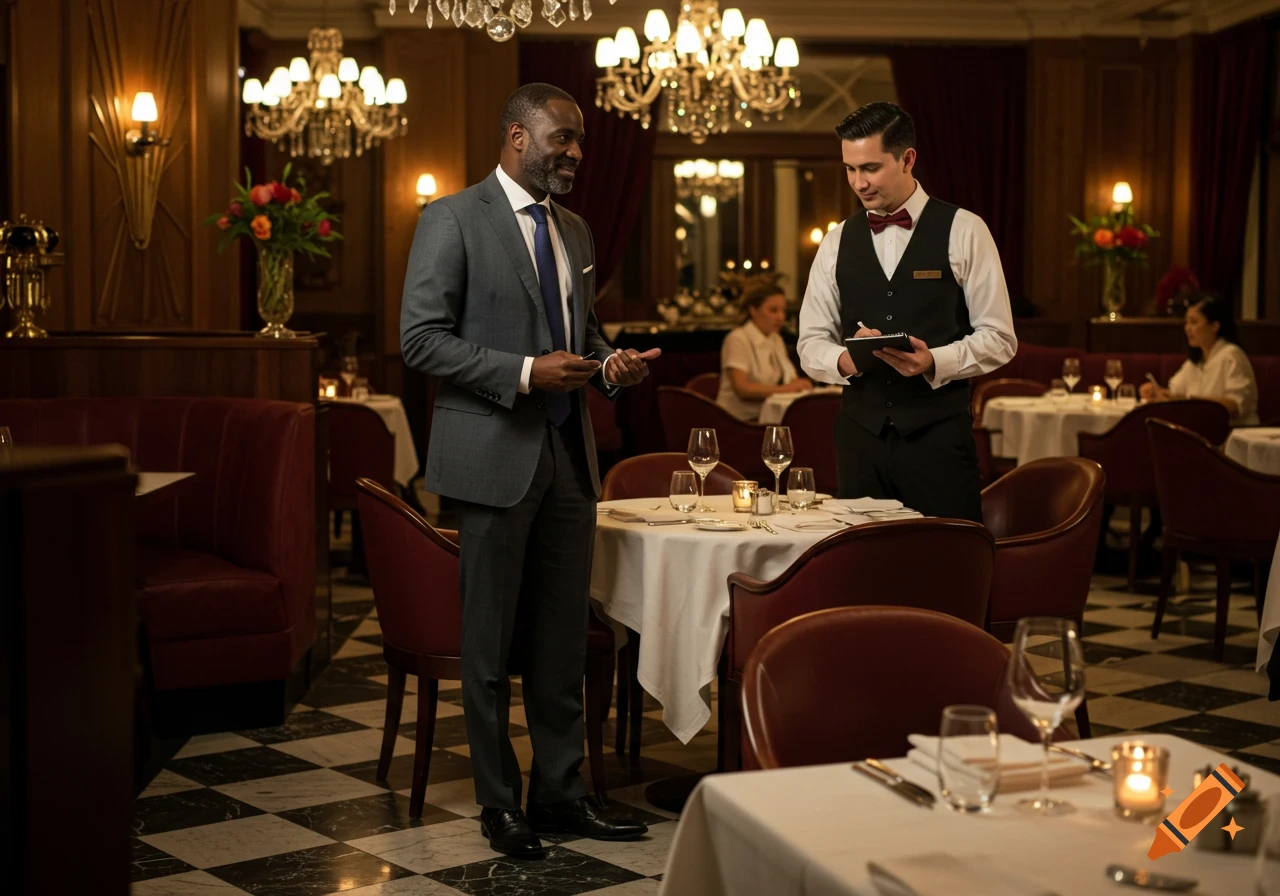 A photorealistic image of a man in a suit placing an order with a waiter in a luxurious restaurant.
