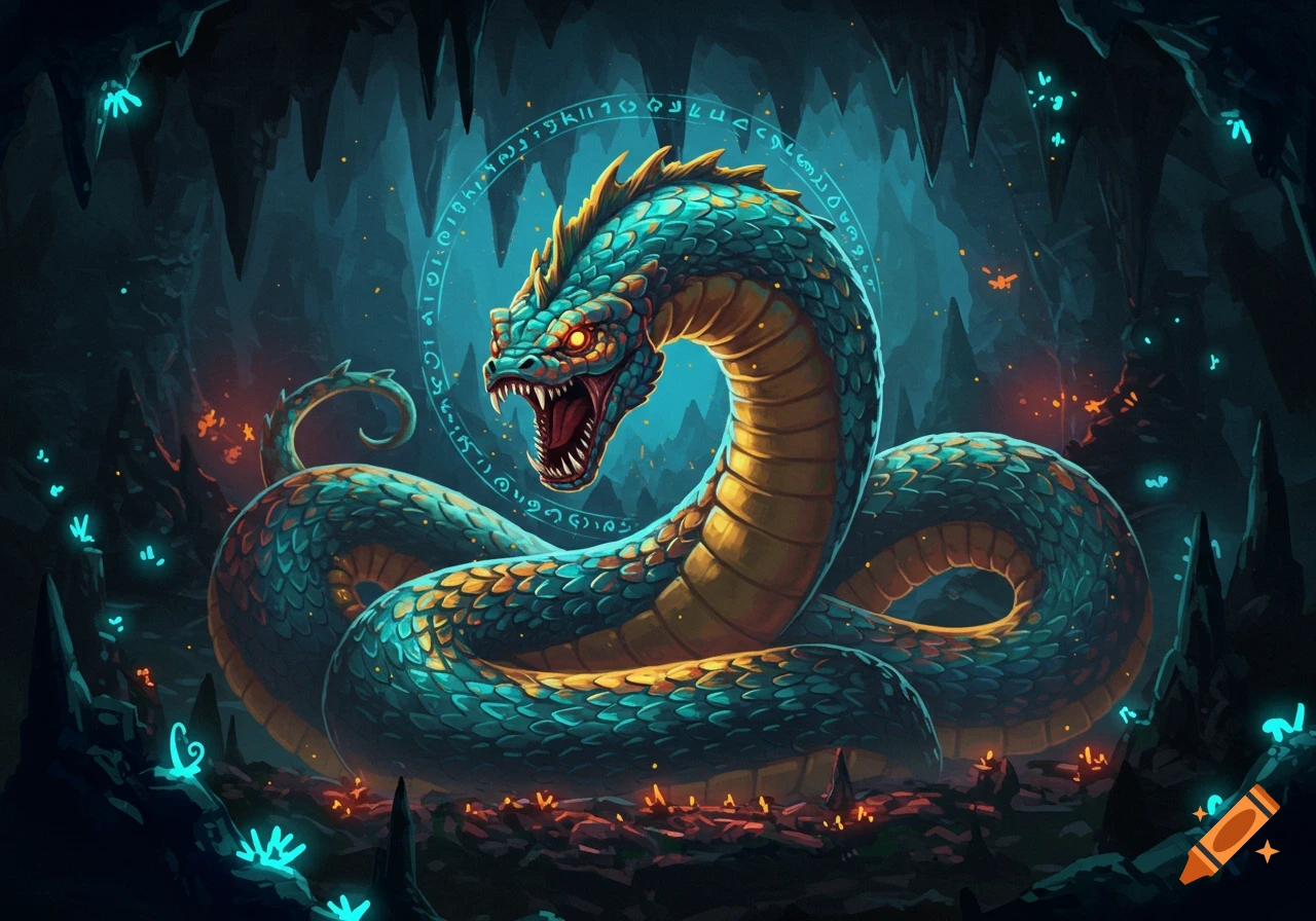 A vibrant green and yellow snake-like dragon with glowing red eyes, sharp teeth, and a spiky crest coils in a dark cave with glowing blue symbols and orange embers.