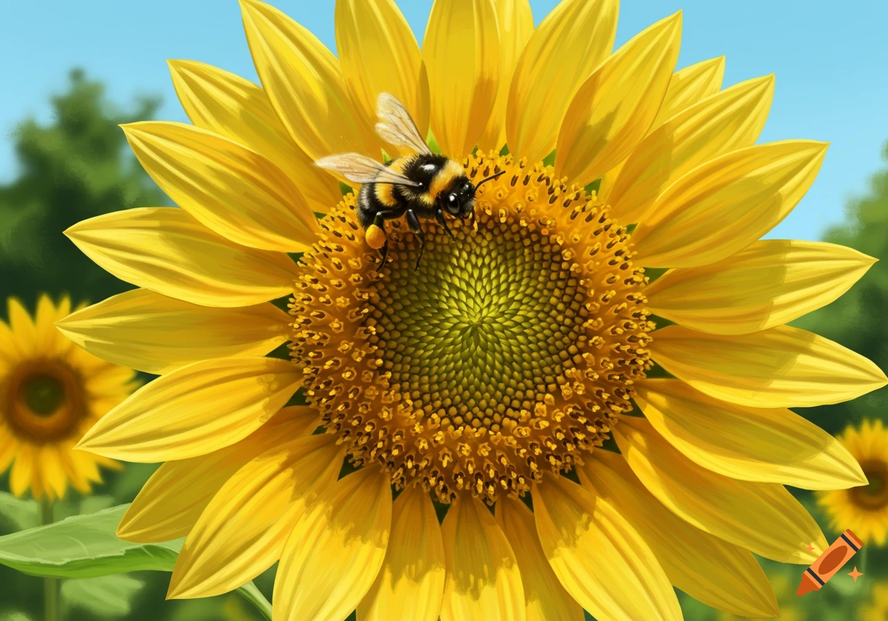 A bumblebee covered in yellow pollen sits on the bright yellow petals and green center of a sunflower under a blue sky.