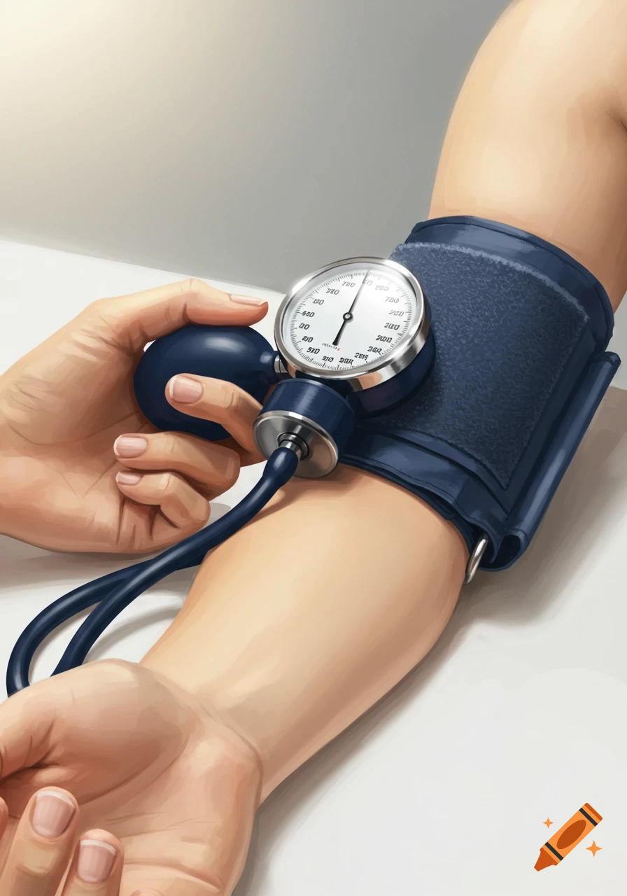 A close-up illustration of a hand using a blood pressure cuff on an arm.