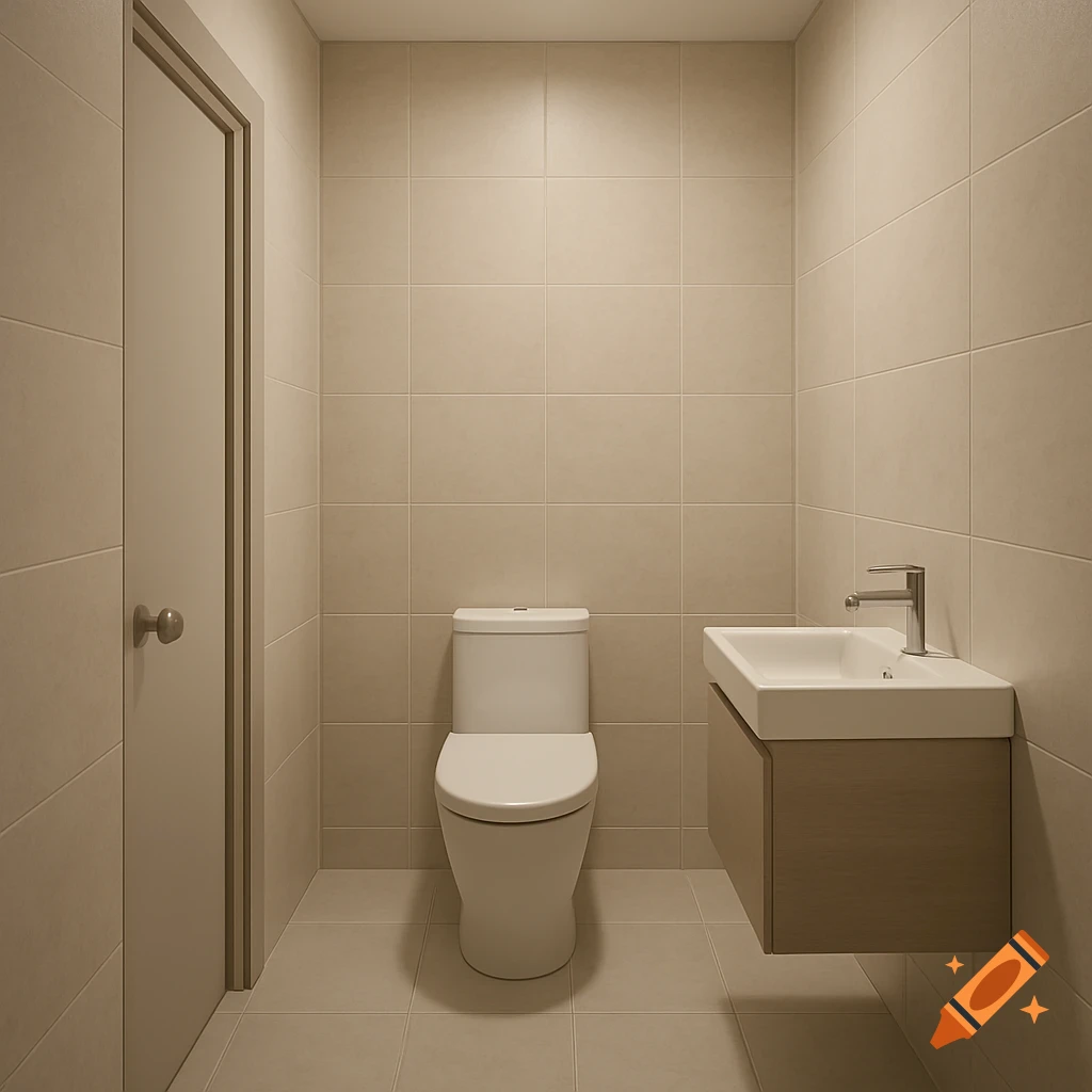 A modern bathroom features beige tiled walls and floor, a white toilet, a wall-mounted sink with a wooden vanity, and a light-colored door on the left.