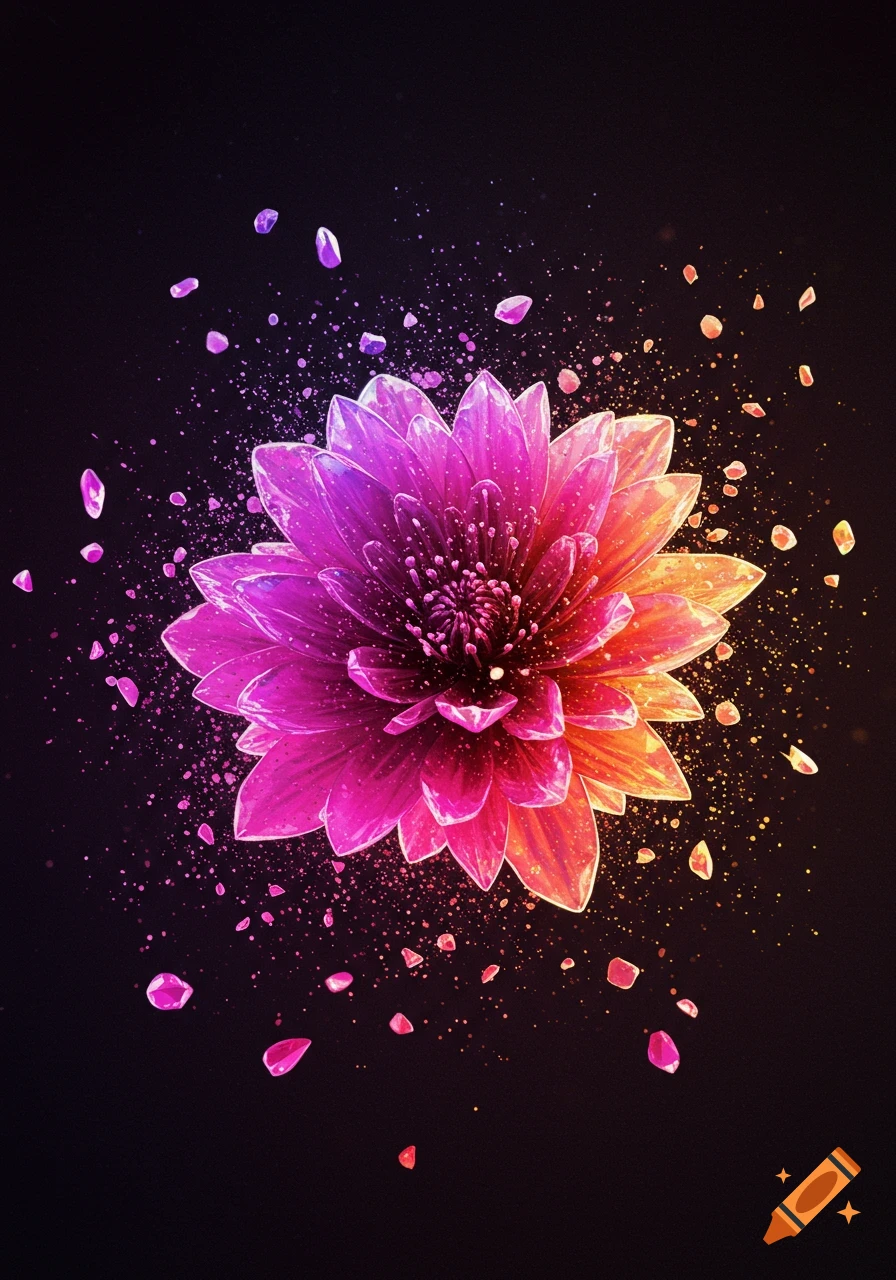 Vibrant pink and orange glowing flower with exploding crystalline fragments on a dark background.