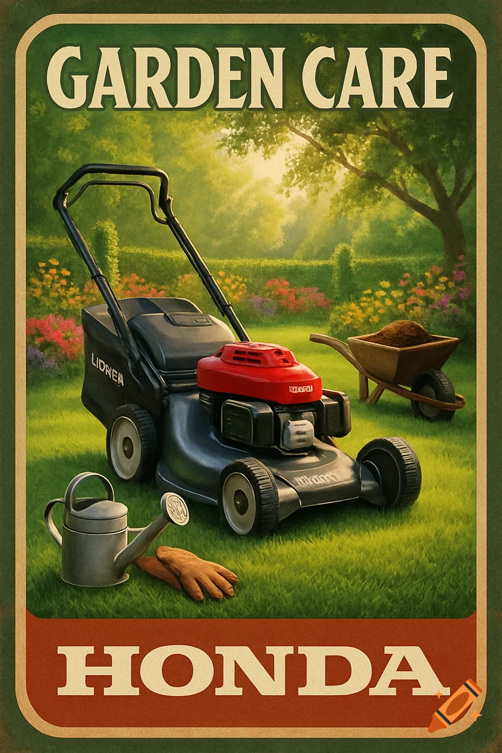 A vintage-style poster for 'Garden Care' featuring a Honda lawn mower, a watering can, gardening gloves, and a wheelbarrow in a lush garden setting.