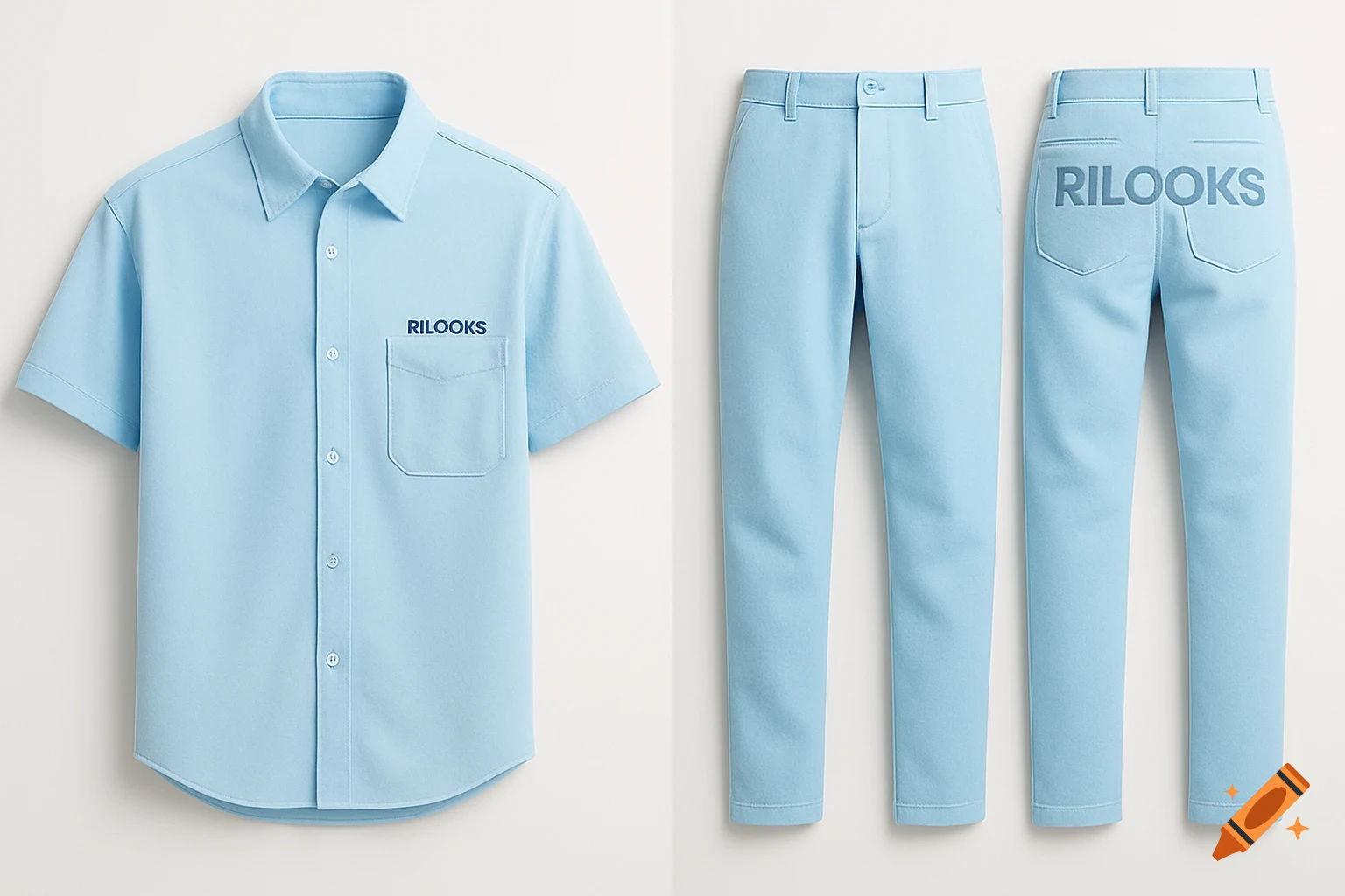 A light blue short-sleeve button-up shirt and matching light blue pants with the RILOOKS logo on both, displayed against a white background.