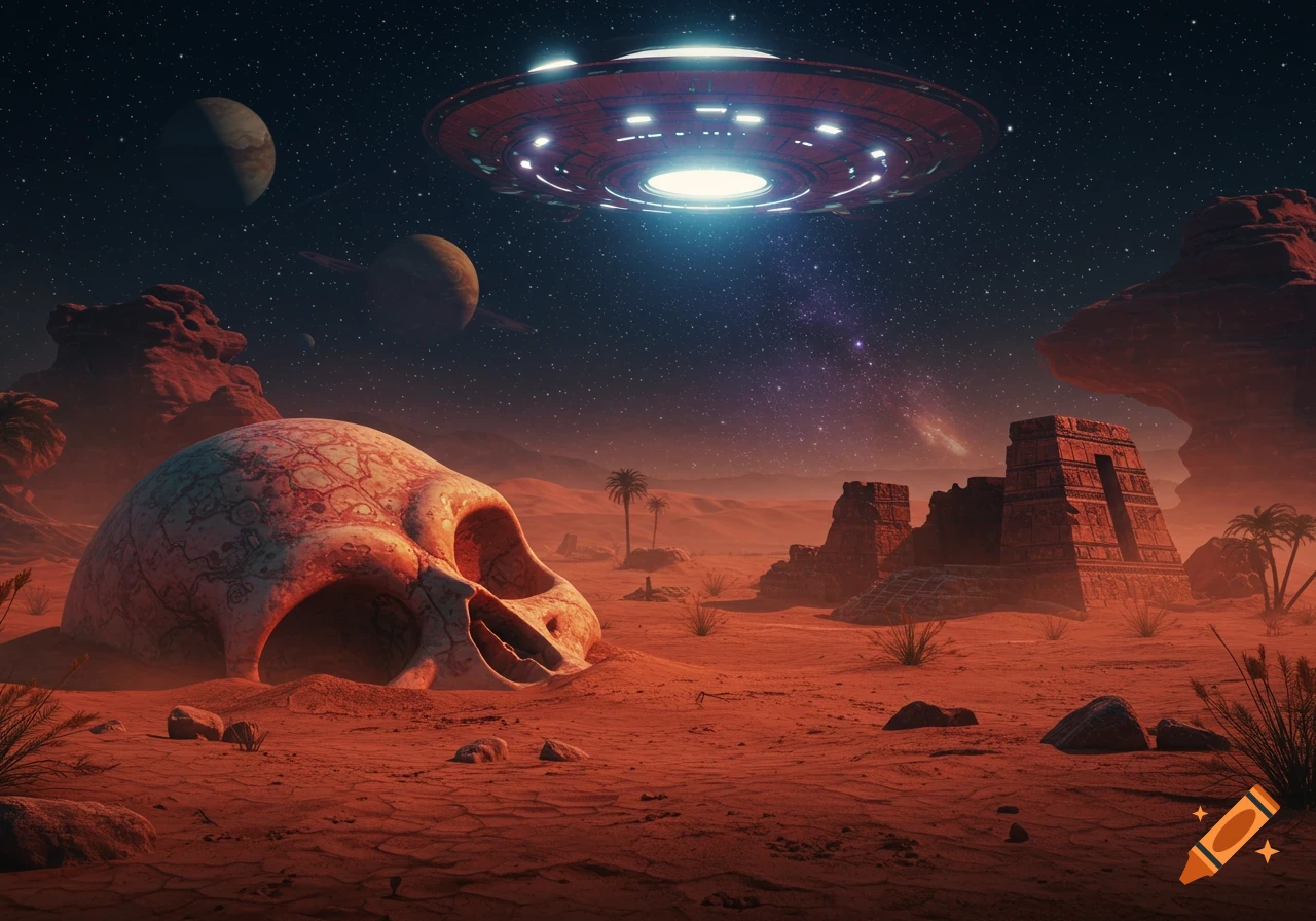 A large skull and ancient ruins on a reddish alien planet under a dark starry sky with a bright UFO hovering above.