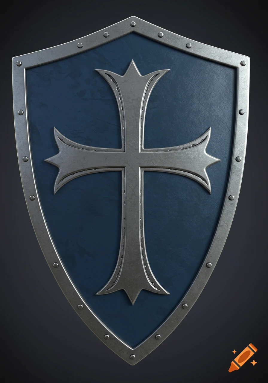 A narrow blue shield with a silver trim and a stylized silver cross in the center, rendered realistically.