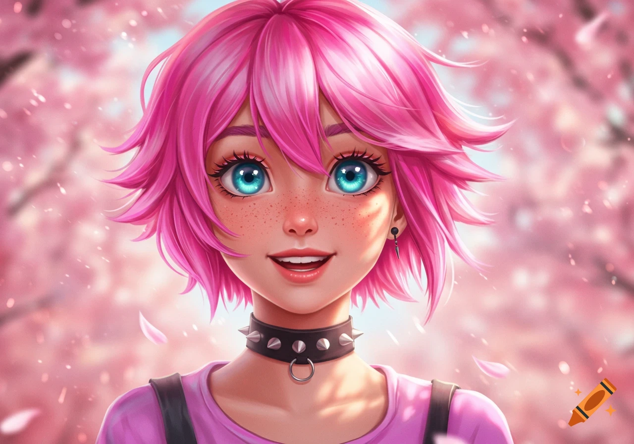 Anime portrait of a girl with vibrant pink hair, big blue eyes, freckles, and a studded choker, against a background of soft pink cherry blossoms.
