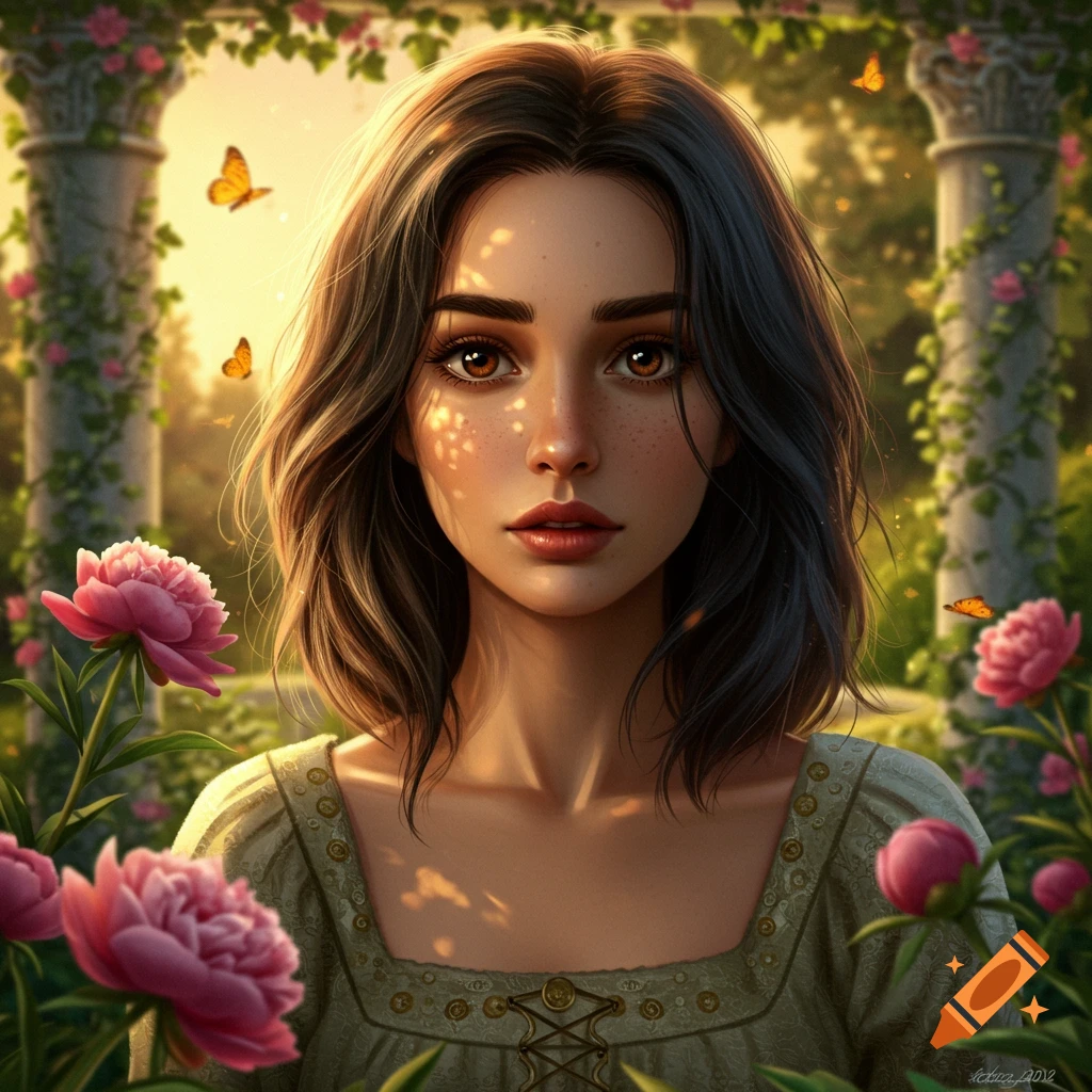 A captivating woman with dark hair and freckles stands in a sunlit garden, surrounded by pink peonies and butterflies, featuring ancient columns in the background.