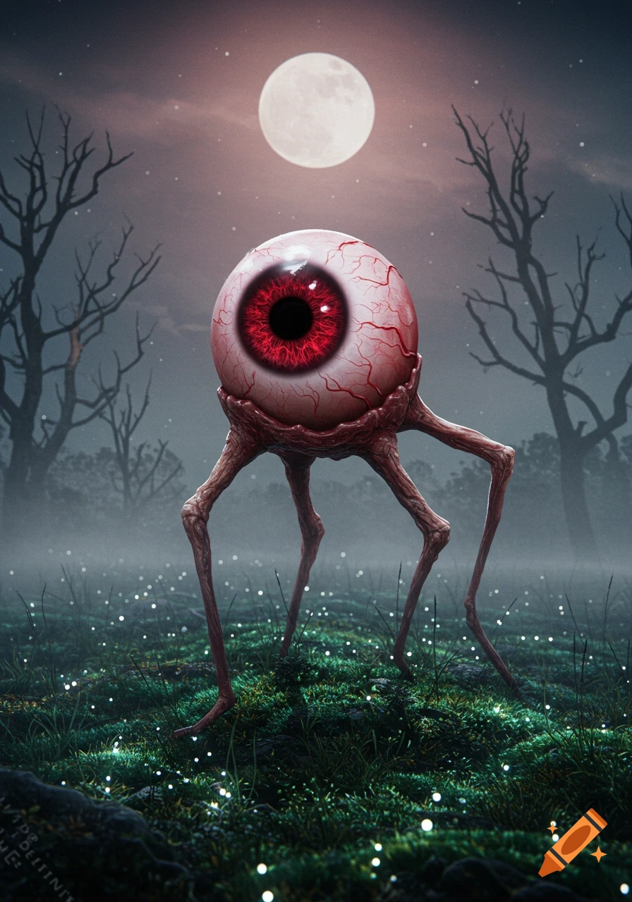 A large, bloodshot eyeball on spindly legs stands in a misty, moonlit forest with bare trees and glowing grass, in a dark fantasy style.