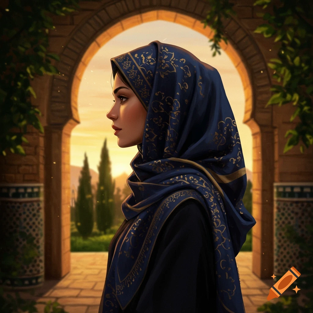 Side profile of a woman in a dark blue, gold-patterned hijab under a stone archway at sunset, digital art style.