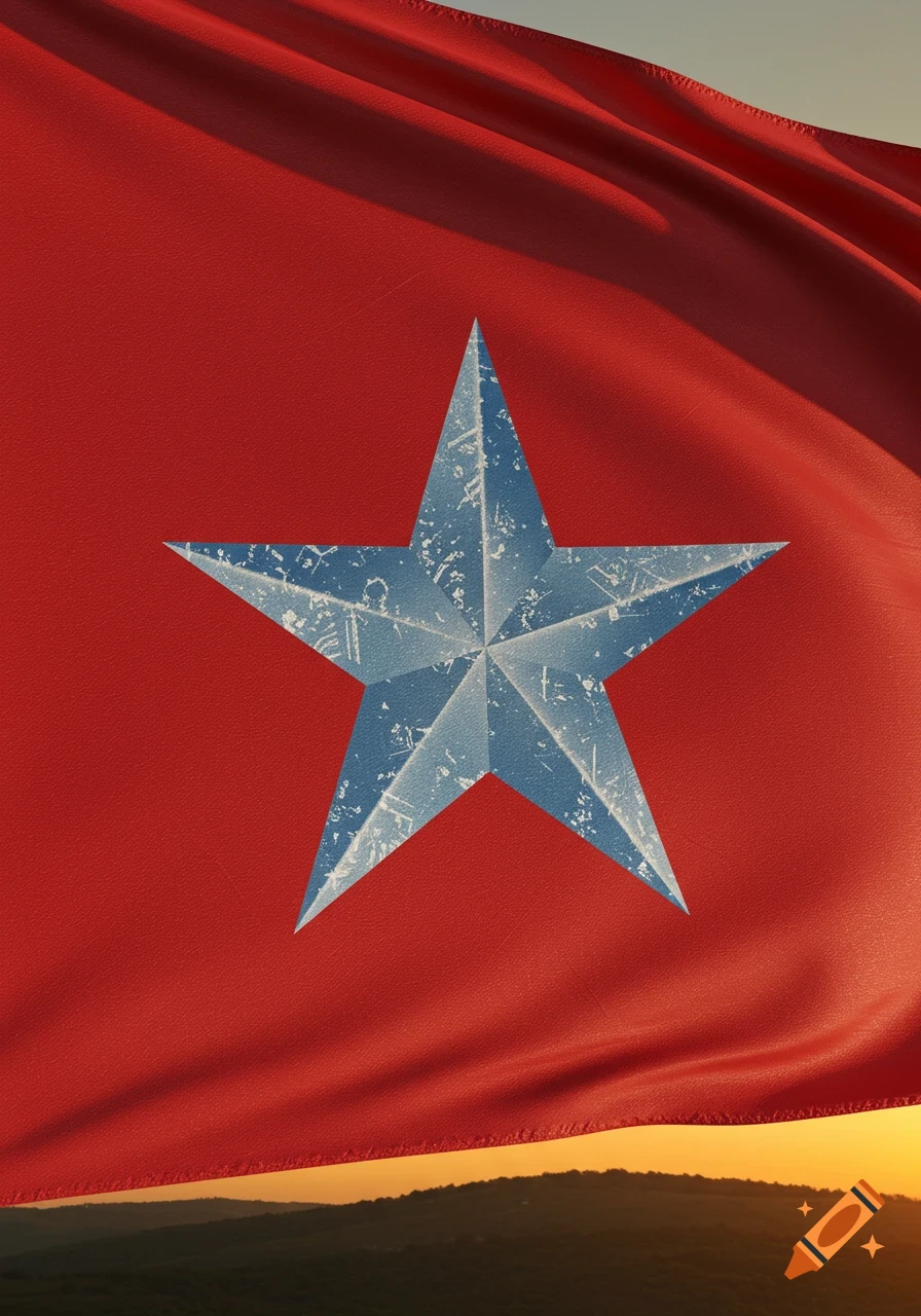 A red flag with a distressed, icy blue five-pointed star waving against a sunset sky.